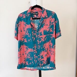 Double Rainbouu Mens Hawaiian Short Sleeve Button Down Shirt Peach/Teal  size XS